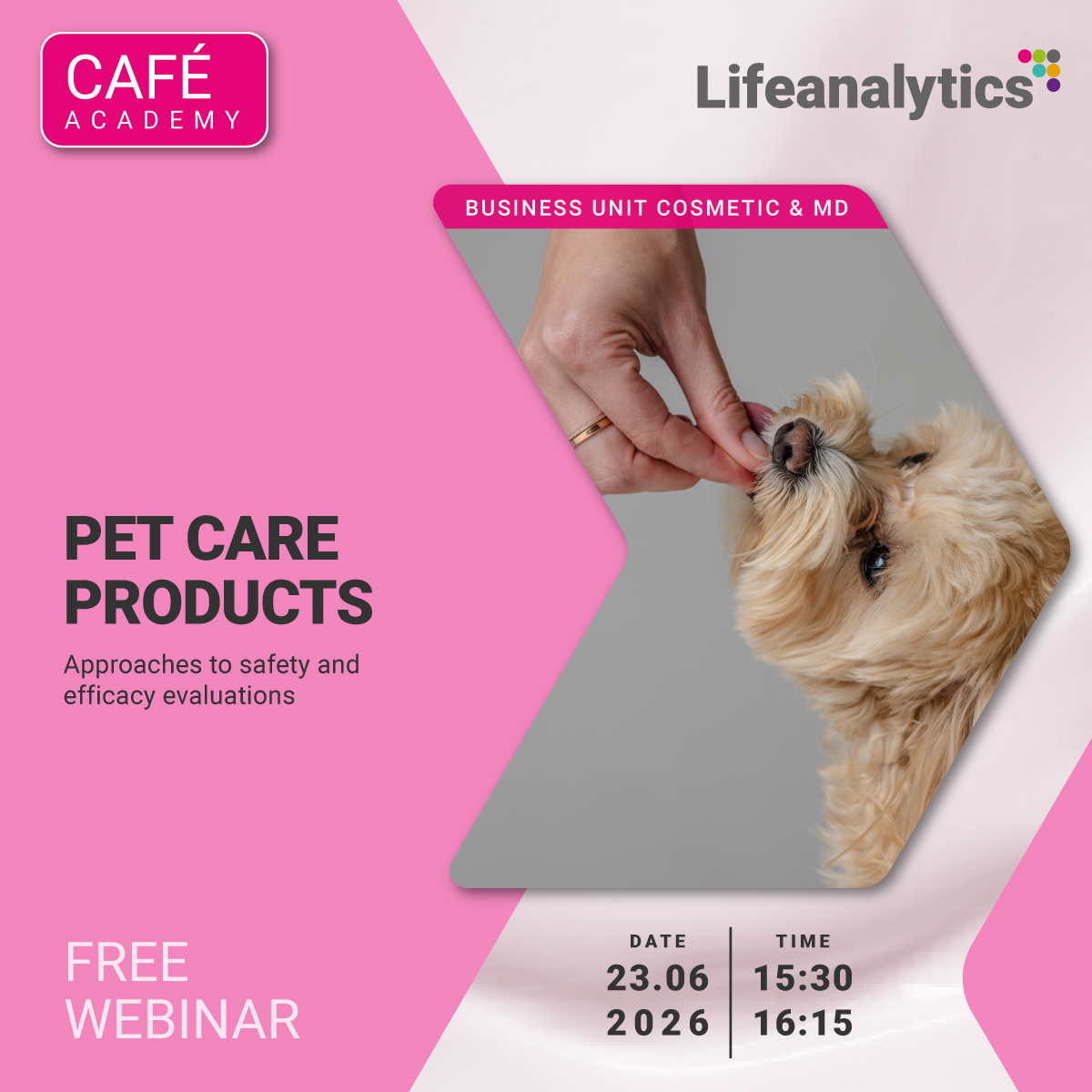 Immagine di una mano femminile che ha sta dando da mangiare ad un cane, simbolo del webinar gratuito Cosmetic and medical device che tratta la tematica Pet care, che verrà eseguito in lingua inglese