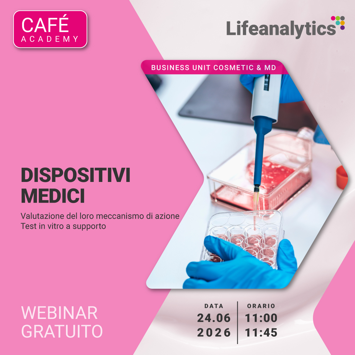Immagine di un banco da laboratorio in cui vengono effettuati testi in vitro a supporto, simbolo del webinar gratuito Cosmetic and Medical Device che tratta la tematica dei dispositivi medici, meccanismo di azione dei dispositivi medici